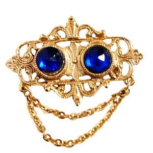 Vintage Yellow Gold Tone Blue Stone Rhinestone Chain Scrolled Pin Brooch Jewelry